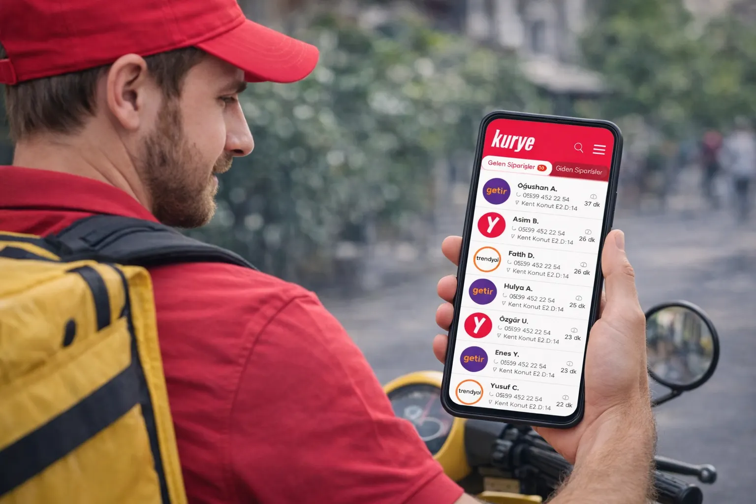 Kurye takip uygulaması kullanan restoran kuryesi, mobil ekranda paket servis siparişlerini ve teslimat sürelerini anlık olarak görüntülüyor