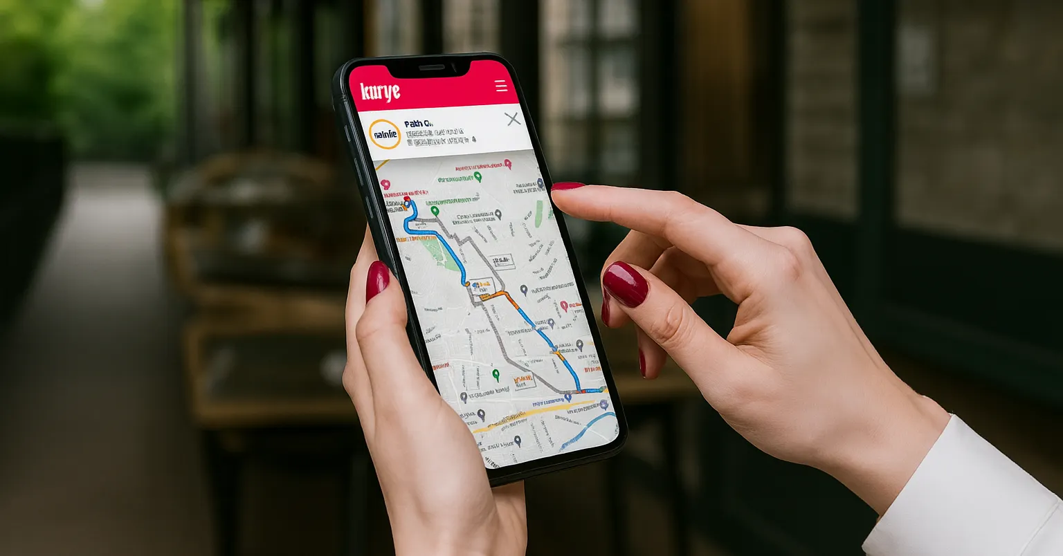 Kurye takip uygulamasında canlı harita üzerinden teslimat rotasını ve sipariş konumunu anlık gösteren mobil ekran