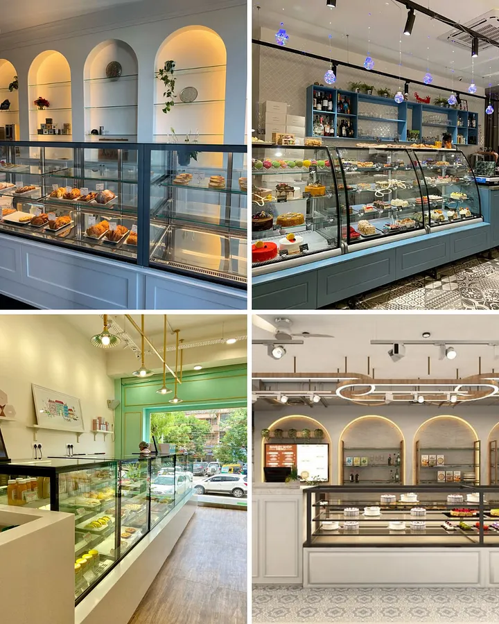 Farklı konseptlerde pastane türleri: butik pastane, cafe pastane, klasik pastane ve modern pastane kolajı