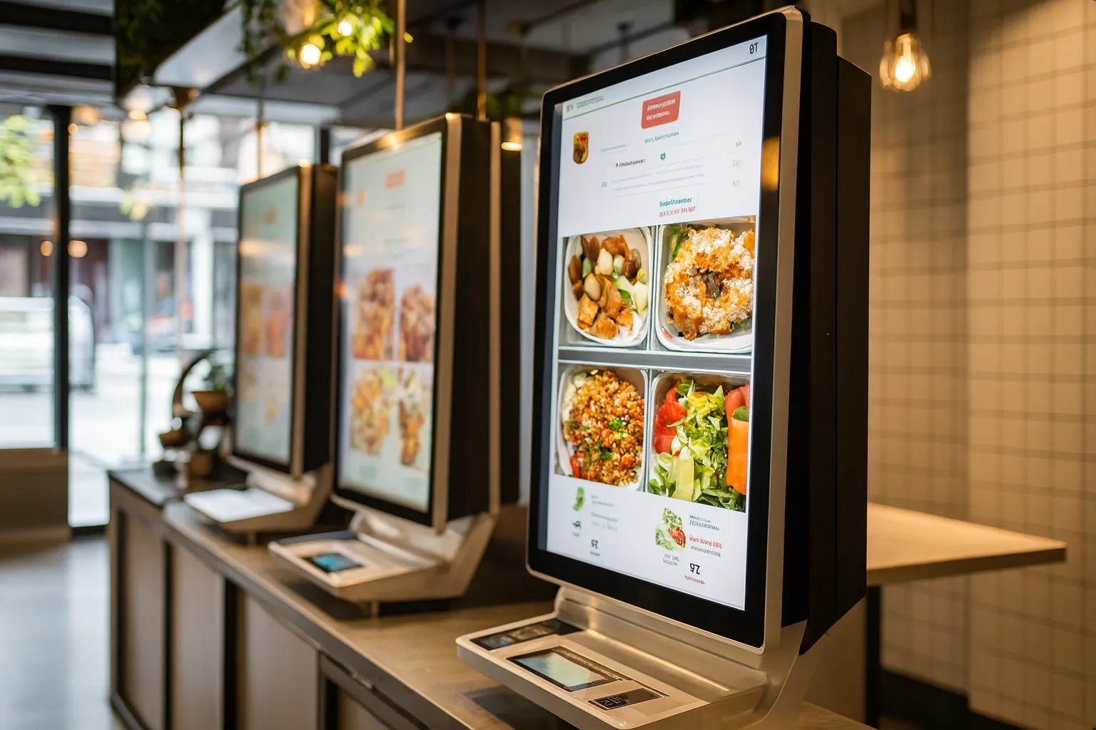 Restoran self order kiosk makinesi, POS uyumlu dijital sipariş ve ödeme sistemi ekranı