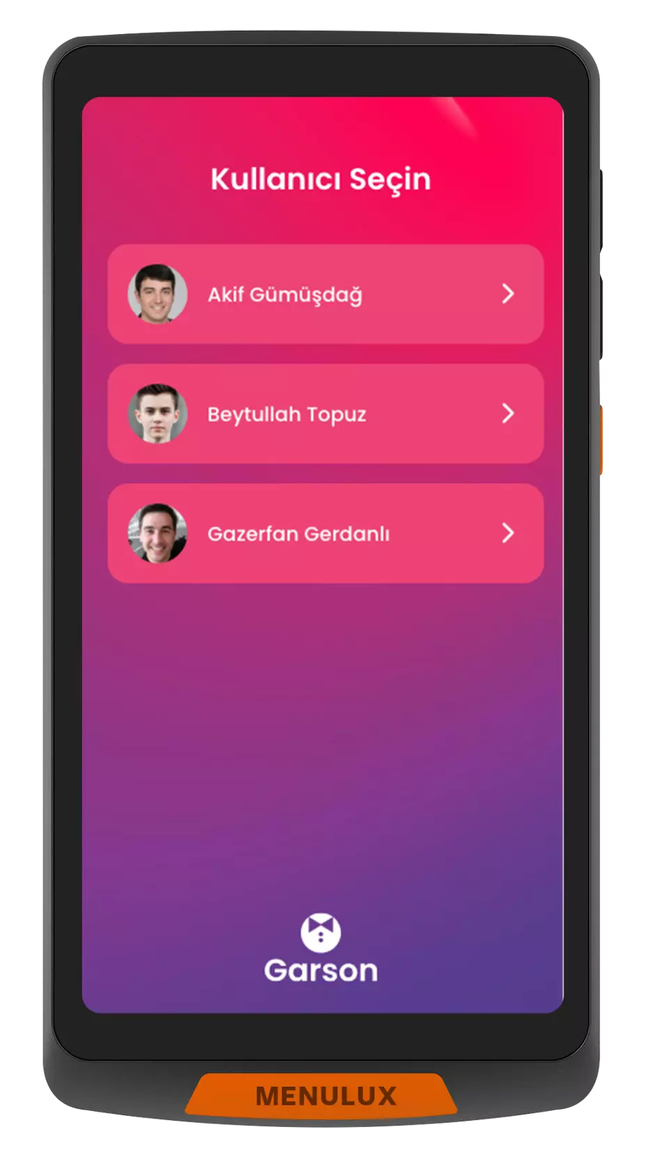 Menulux Restoran POS Sistemleri Garson El Terminali Giriş ekranı