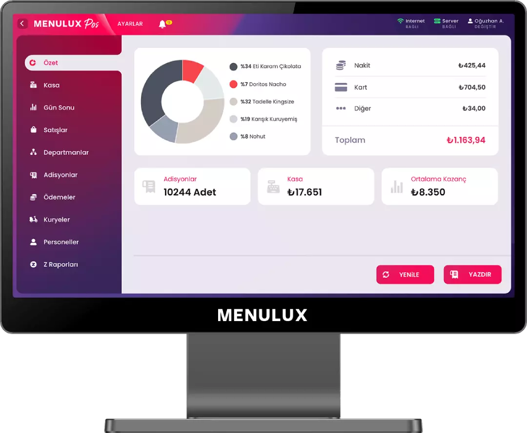 Menulux POS Sistemi - Restoran Adisyon Programı - Raporlar Ekranı