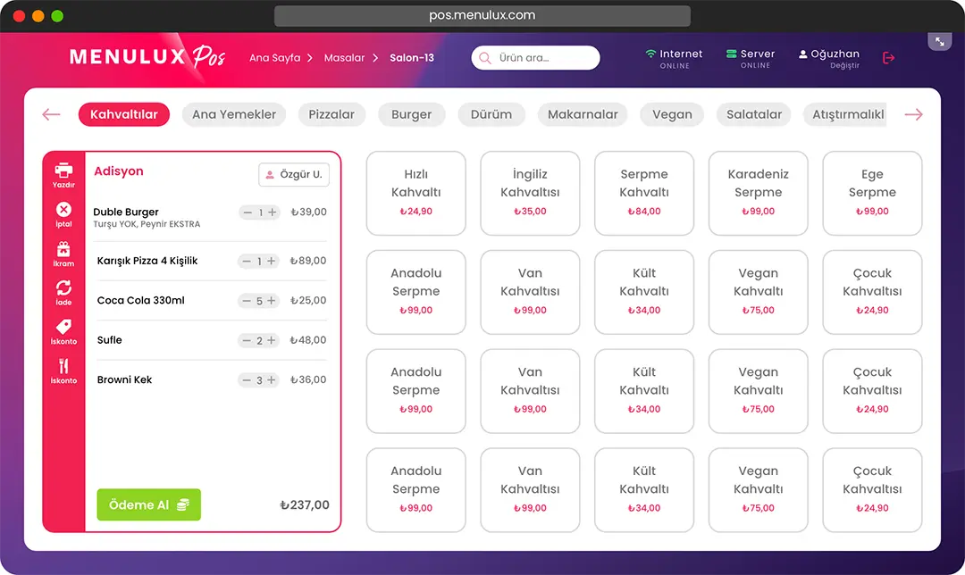 Menulux Web POS sistemi adisyon programı restoran otomasyonu idisplay masalar ekranı