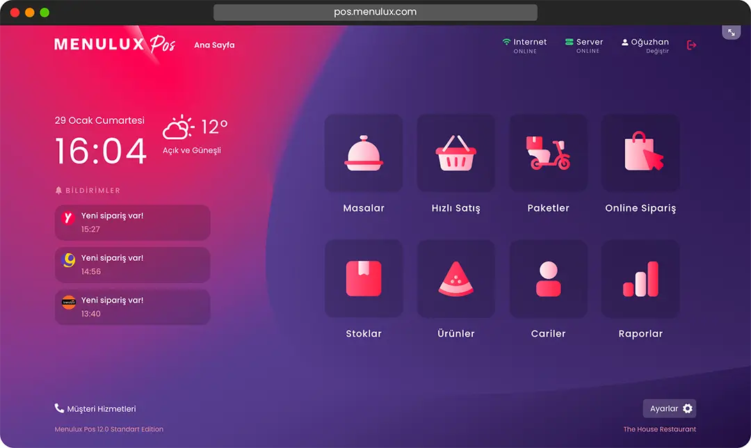 Menulux Web POS sistemi adisyon programı restoran otomasyonu idisplay giriş ekranı